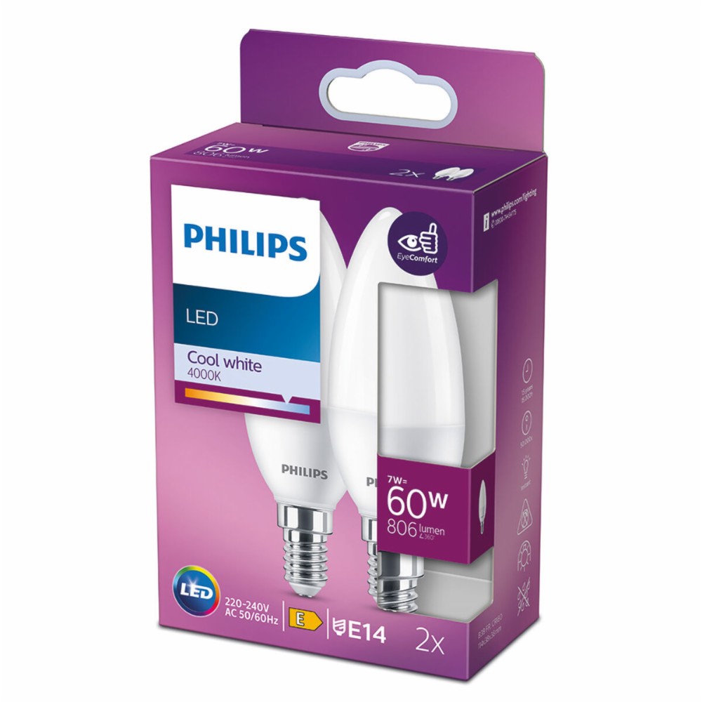 Candle Light Bulb Philips E 7 W E14 806 lm Ø 3,8 x 11,4 cm 2 Units (4000 K)